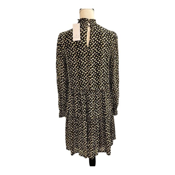Ember Dress Womens M Black Chiffon Metallic Tiered Smocked Mini High Neck Event - Picture 3 of 8